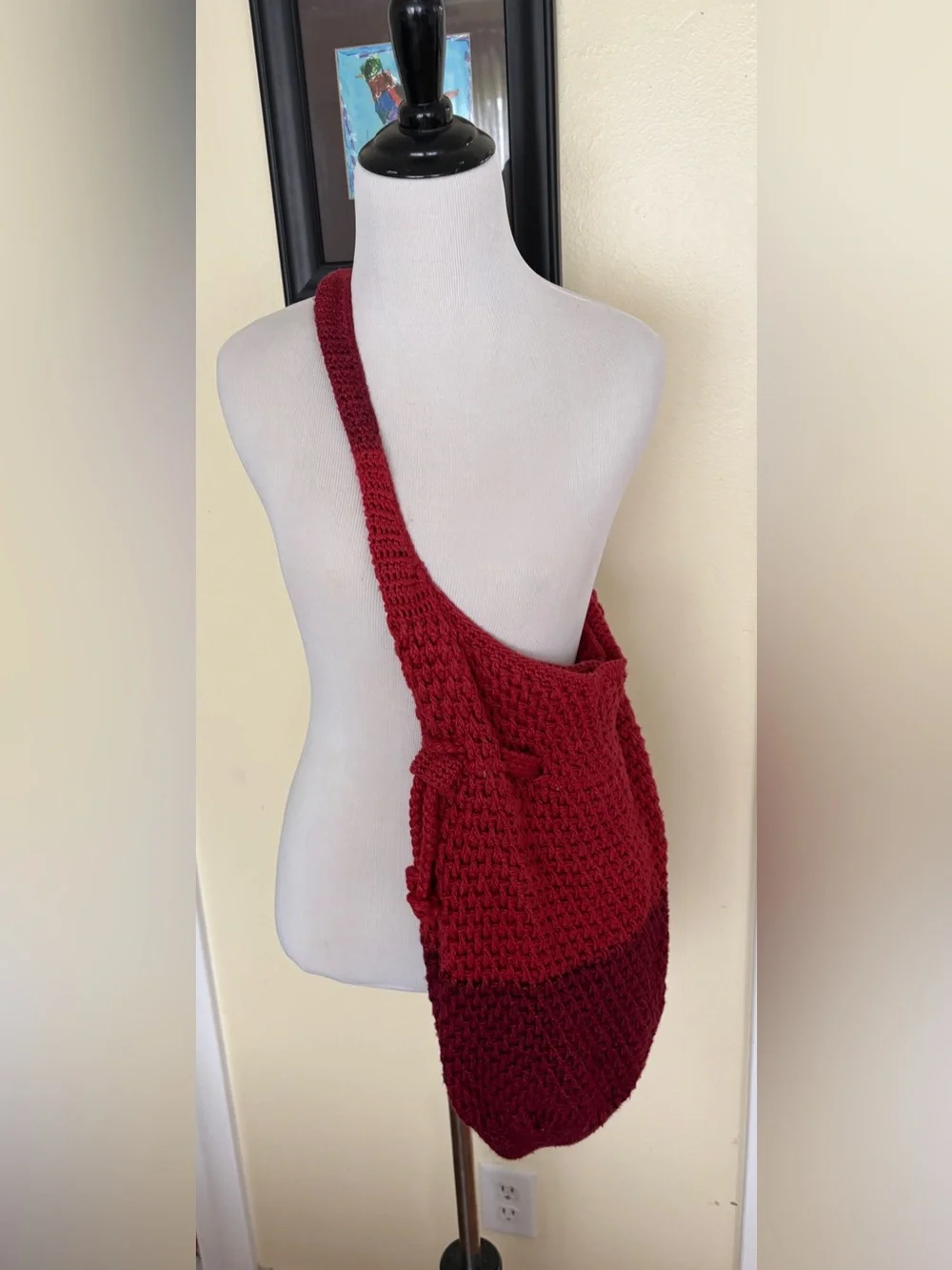 Boho Bag VTG Y2K Handmade Crochet Red Colorblock Shoulder Crossbody Happy & Free